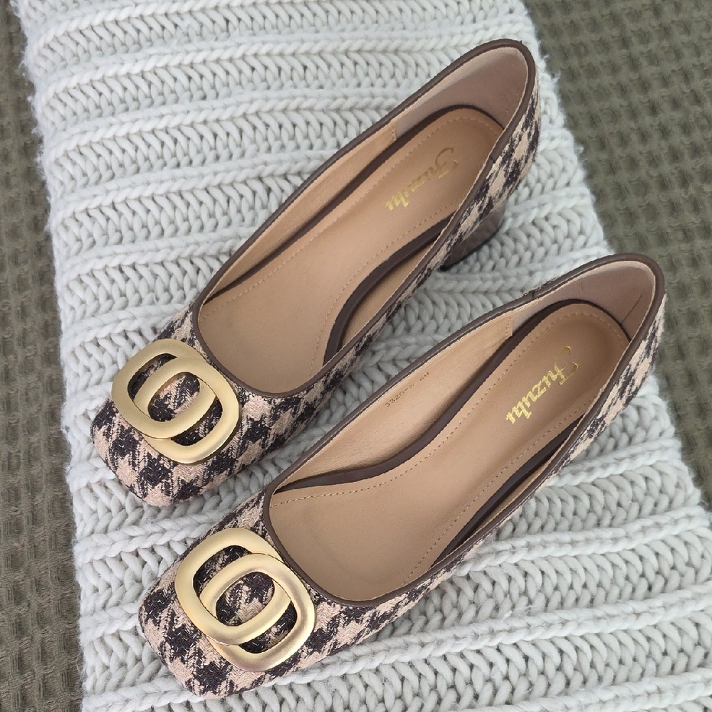 Unisa Beige & Black Houndstooth Ballet Flats with Gold Buckle Accent